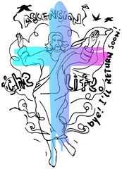 illustration of Jesus Christ with a colorful cross, with the text : Jesus says, I’ll return soon