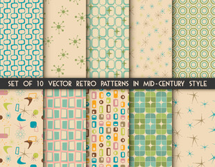Set of 10 vector seamless mid century absctract geometric patterns. Space atomic age retro design.