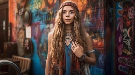 Obraz na płótnie Canvas AI Embrace the wild and free spirit of the hippie girl, her flowing rasta locks swaying with the rhythm of the forest, as she finds peace and connection with nature's serenity