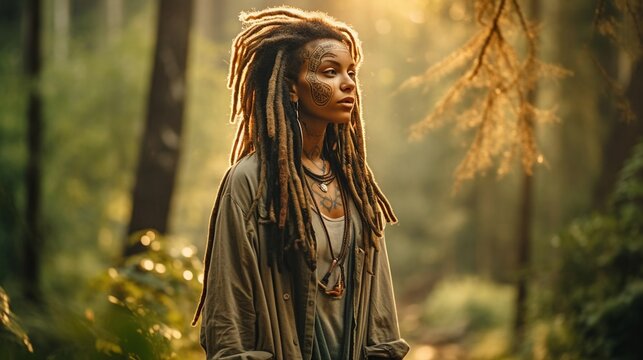 AI Embrace the wild and free spirit of the hippie girl, her flowing rasta locks swaying with the rhythm of the forest, as she finds peace and connection with nature's serenity