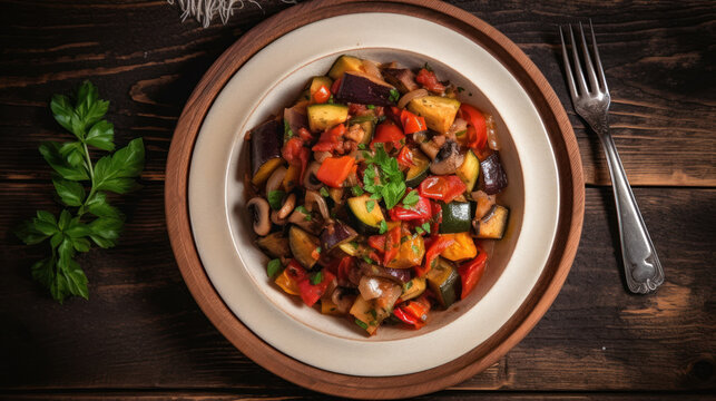 A Plate with Ratatouille in a Rustic Setting