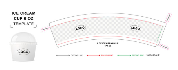 Ice cream cup die cut template for 6 ounce . Blank paper cup wrapper template that includes a blank 3d vector mockup isolated on white background	