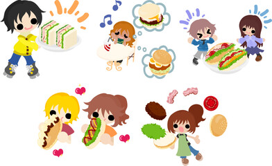 Obraz na płótnie Canvas ハンバーガーやサンドイッチなどの美味しい食べ物を通した交流を楽しむ子供たちのイラスト