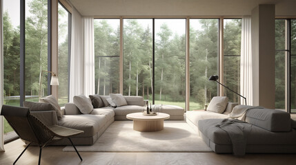 Fototapeta premium interior living room with large windows and overlooking the forest views, generative ai