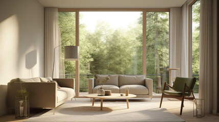 interior living room with large windows and overlooking the forest views, generative ai