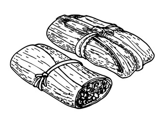 Traditional Mexican food tamales. Latin tamale food vector with corn leaves. Hand drawn sketch style vector illustration. For restaurant menu designs, flyers and banners. Mexican cuisine banner