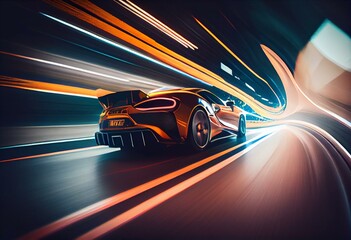 Fototapeta na wymiar Speeding fast sports car drives on highway road with motion blur effects creating light trailing environment in concept of virtual reality racing game . Sublime Generative AI image 