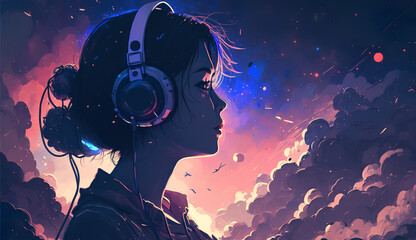 Lo-fi woman with headphones under the starry sky, Generative AI