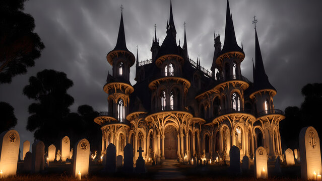  Illustration of an Art Nouveau style witch's mansion in the cemetery at night - AI Generated