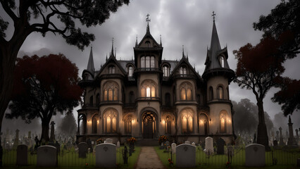 Fototapeta na wymiar Illustration of an Art Nouveau style witch's mansion in the cemetery at night - AI Generated