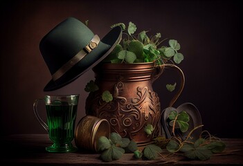 Saint Patrick’s Day traditionelle Gegenstände wie Hut, Münzen und Kleeblatt, ai generativ. Generative AI - obrazy, fototapety, plakaty