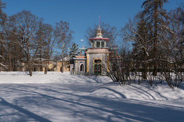 Chinese gazebo on the bank of the Upper Ponds in the Catherine Park in Tsarskoye Selo on a sunny...