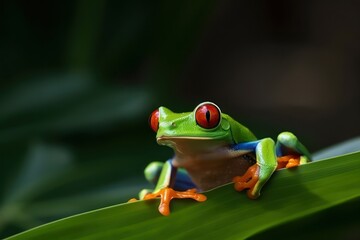 Fototapeta premium Red-eyed tree frog sitting on green leaves. Generative AI