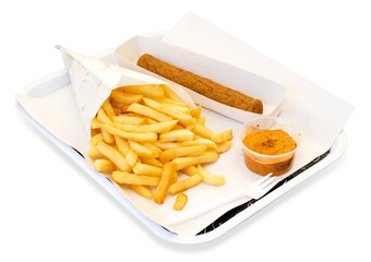 Frikandel with sauce and french fries. Isolated on white background.