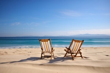 Fototapeta na wymiar Two chairs on beach near the ocean on ready for honeymoon couple. Generative AI