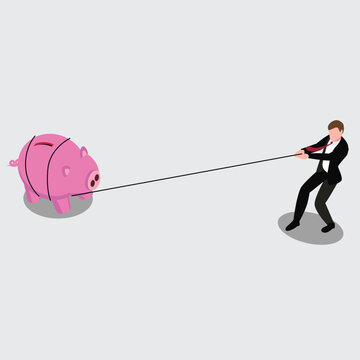 Businessman pulling piggy bank isometric 3d vector illustration concept for banner, website, illustration, landing page, flyer, etc.