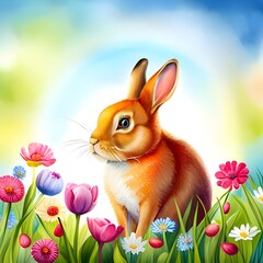 Wielkanocne królik, łąka, wiosenne kwiaty, słońce, miejsce na tekst, tło, kartka. Wygenerowano z AI. - obrazy, fototapety, plakaty