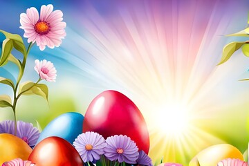Wielkanocne jajka, łąka, wiosenne kwiaty, słońce, miejsce na tekst, tło, kartka. Wygenerowano z AI.