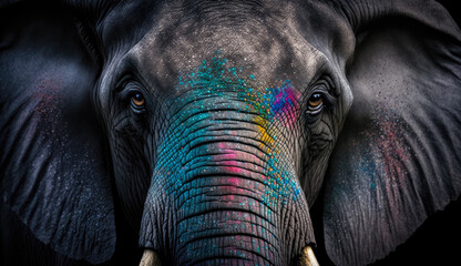 Portrait of an elephant in multi-colored paints on a colored background. Generative AI.