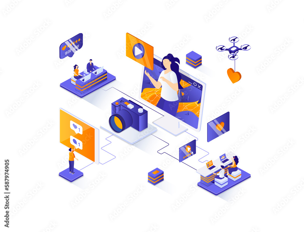 Poster Bloggers isometric web banner. Content production for social media isometry concept. Online video streaming 3d scene, podcast broadcasting flat design. Illustration with people characters.