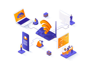 Wireless technology isometric web banner. WiFi network communication isometry concept. Internet sharing 3d scene, gadgets network connection flat design. Illustration with people characters.