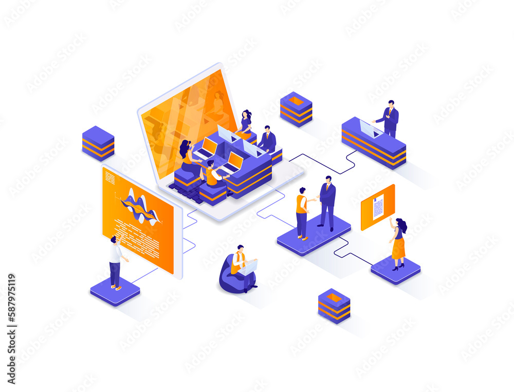 Aufkleber business meeting isometric web banner. teamwork collaboration on project isometry concept. business 