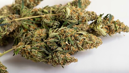 Green dry close-up cannabis / THC TBC / weed flowers / plants on a neutral background. Ideal as a banner, wallpaper or header. 