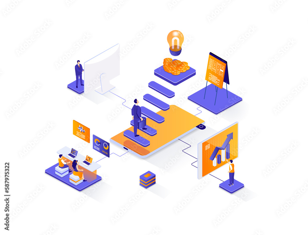 Aufkleber Career opportunities isometric web banner. Career growth and skills development isometry concept. Professional challenge and achievement 3d scene design. Illustration with people characters.
