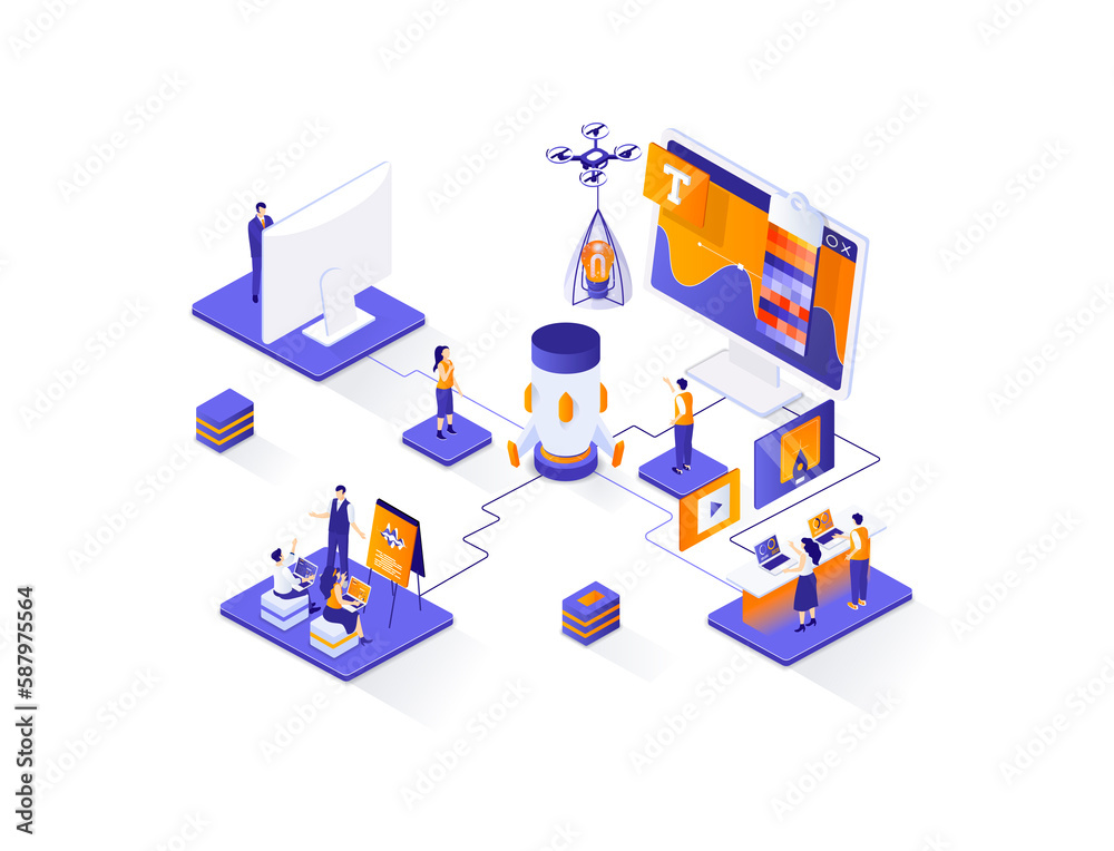 Poster creative agency isometric web banner. creative design workshop isometry concept. product branding 3d