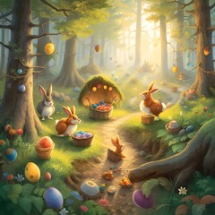 easter celebration with bunnies in a colorfull forest, basket of easter eggs, sun, forestry, cartoony style, Generative AI, Generatieve Art, generative art, AI