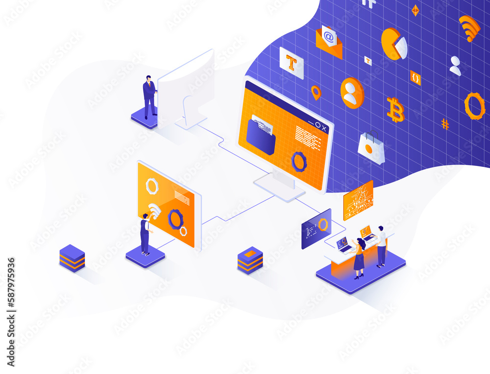 Fototapete cyberspace management isometric web banner. network management software solution isometry concept. o