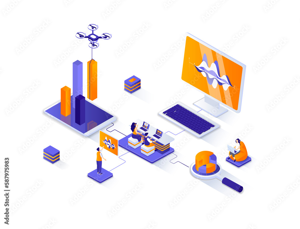 Poster Data analysis isometric web banner. Financial data analysis isometry concept. Information collect and research 3d scene, data engineering flat design. Illustration with people characters.