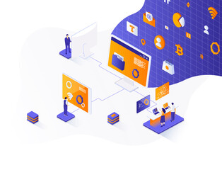 Fototapeta premium Cyberspace management isometric web banner. Network management software solution isometry concept. Operate and control cyber system 3d scene, flat design. Illustration with people characters.