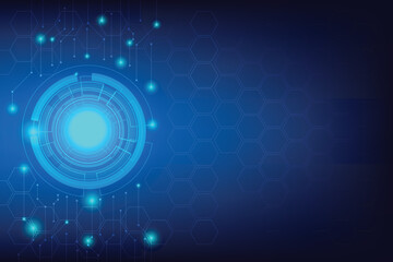Technology background with blue color. Line of power center blue circle with line and dot connection. Hexagonal template with blank space for design.