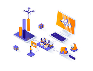 Data analysis isometric web banner. Financial data analysis isometry concept. Information collect and research 3d scene, data engineering flat design. Illustration with people characters.