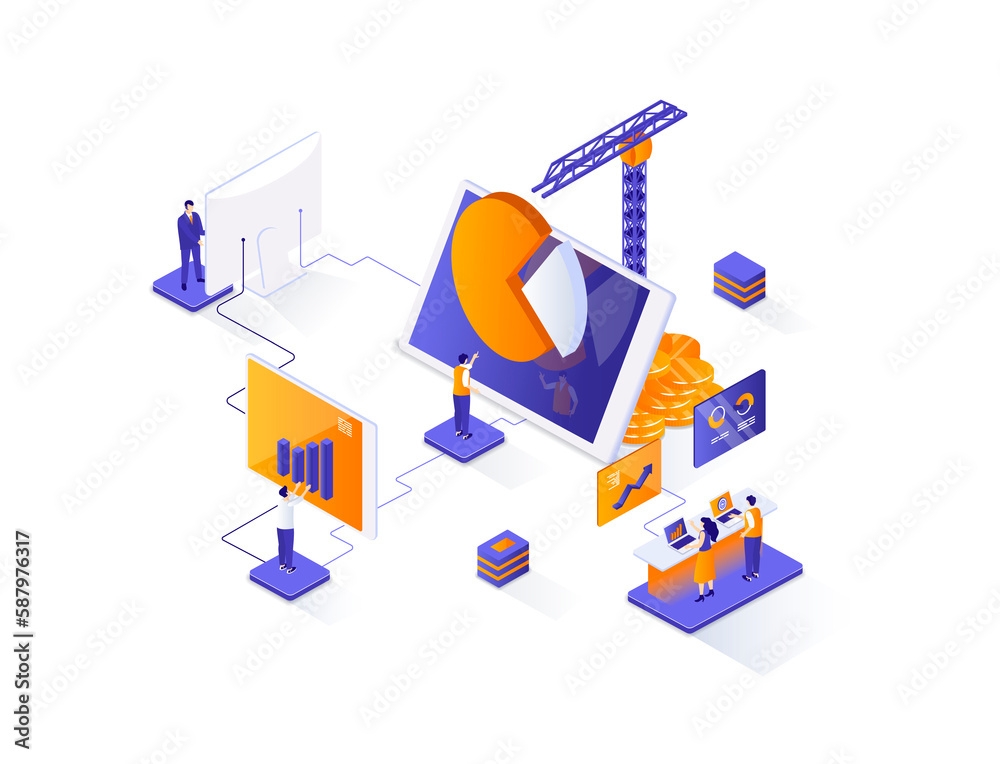 Aufkleber financial management isometric web banner. data analysis and strategy planning isometry concept. bus