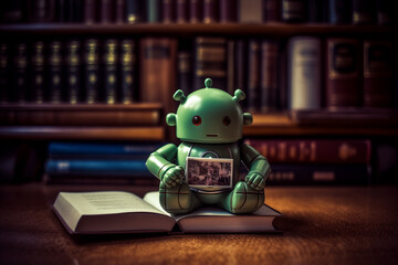 A cute and cuddly android robot sits in a peaceful and serene environment, surrounded by books on spirituality and meditation, showcasing the intersection of technology and mindfulness. Generative AI