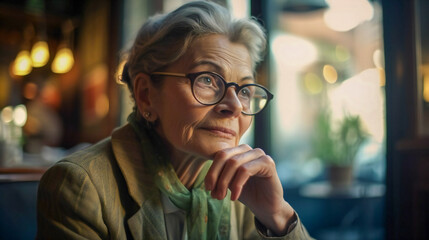Portrait of an old lady in a restaurant. Created with Generative AI technology.