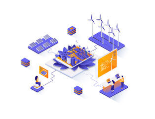 Green city isometric web banner. Alternative power generation isometry concept. Solar battery and wind turbine 3d scene, green energy technology flat design. Illustration with people characters.