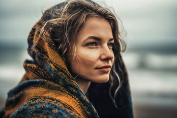 Close up portrait of a young woman in a sweater. Created with Generative AI technology.