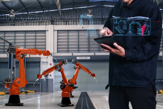Arm Robot AI manufacture car product Object for manufacturing industry technology service maintenance of future warehouse mechanical future technology Car repair and production