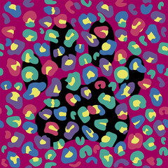 Fototapeta premium Bright leopard print with black paw print. Purple, teal, blue and yellow colors