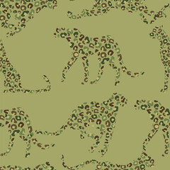 Seamless patern. Leopard silhouette with khaki print. Textile, military uniform, background, design