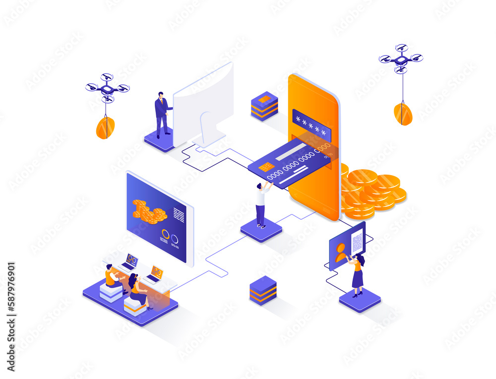 Wall mural mobile banking isometric web banner. digital wallet, fintech mobile application isometry concept. mo