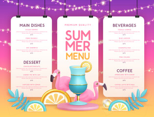 Restaurant summer menu design with 3D plastic cocktail, tropic fruits and flamingo. Vector illustration