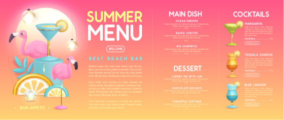 Obraz premium Restaurant summer menu design with 3D plastic cocktails, tropic fruits and flamingo. Vector illustration