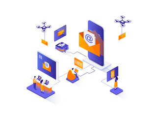 Mobile email service isometric web banner. Email smartphone app isometry concept. Social network messaging 3d scene, online people communication flat design. Illustration with people characters.