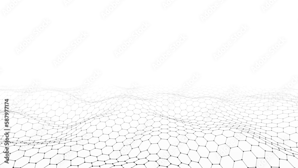 Wall mural white hexagon wave with motion dots and lines. abstract digital background. concept connection big d