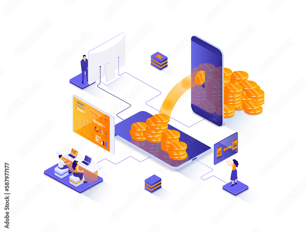 Aufkleber money transfer isometric web banner. internet banking mobile application isometry concept. online mo