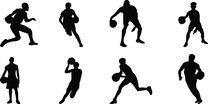 set of silhouettes of  playing volleyball people